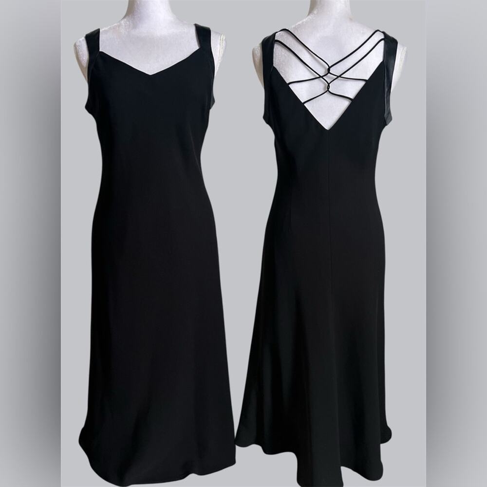 Vtg 90s Evan Picone Black Slinky Midi Dress Strappy Back size 10